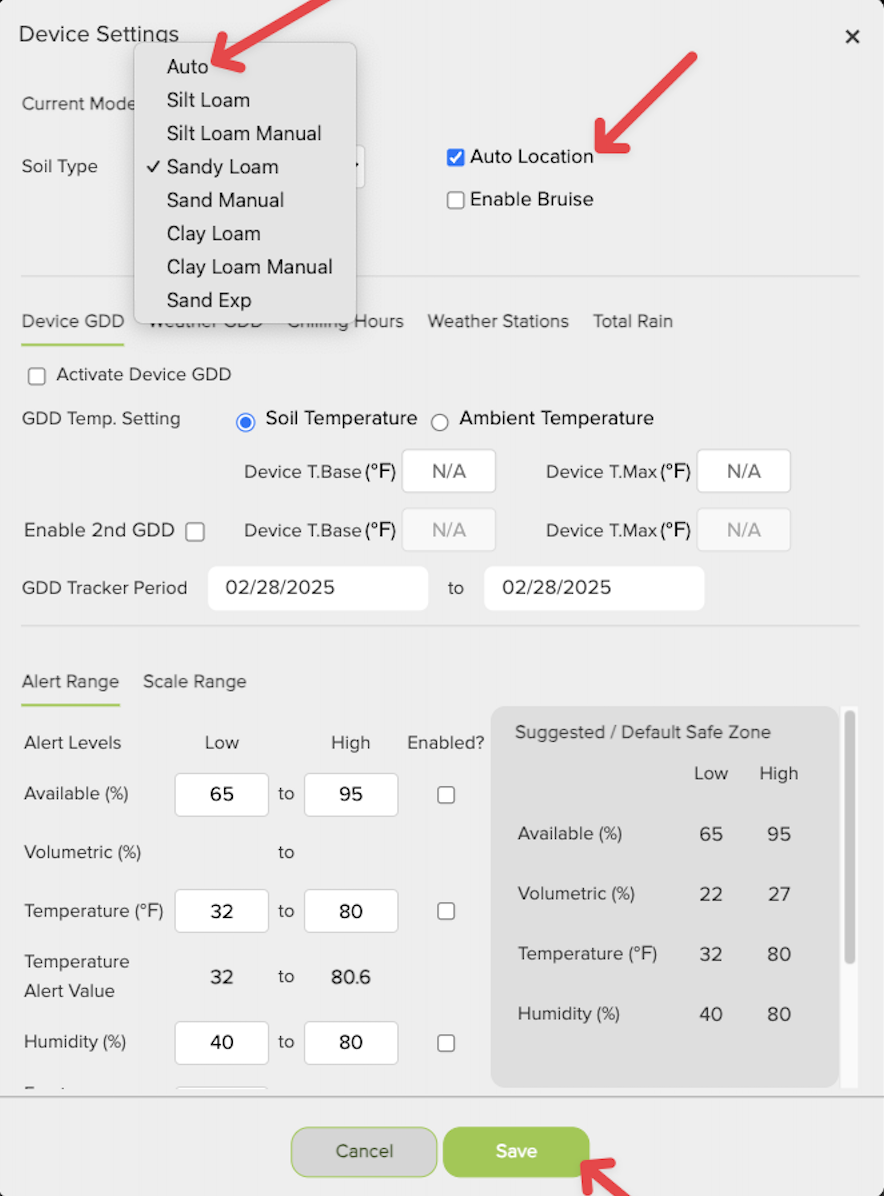 Device settings screen showing Auto Location checkbox